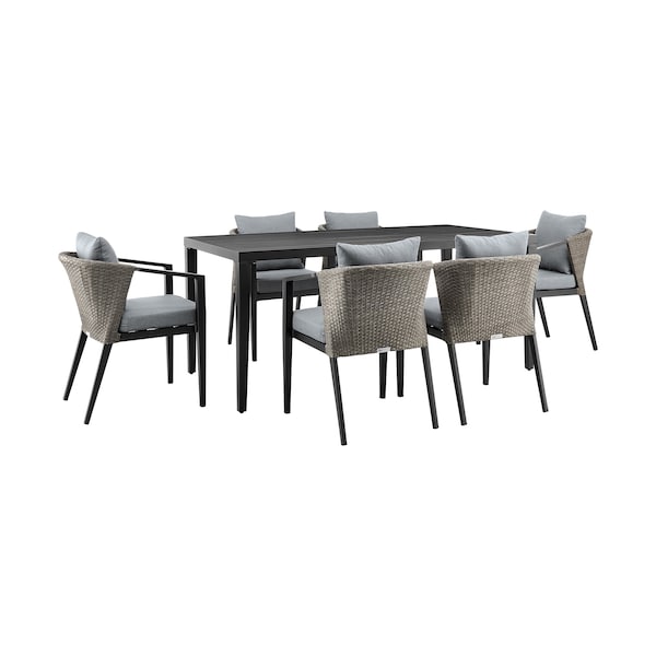 Armen Living Aileen Outdoor Patio 7-Piece Dining Table Set in Aluminum and Wicker with Gray Cushions 840254333222 - main